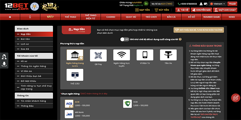 Nạp tiền 12Bet bằng tài khoản ngân hàng