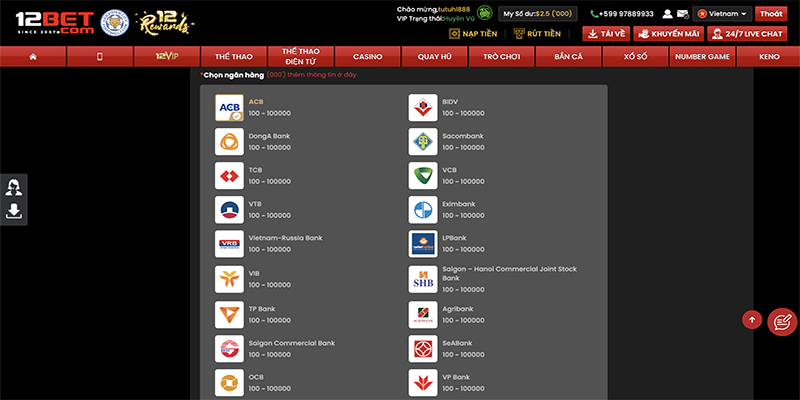 Nạp tiền 12Bet qua internet banking