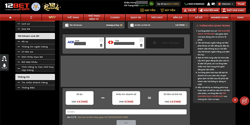 Rút tiền 12Bet